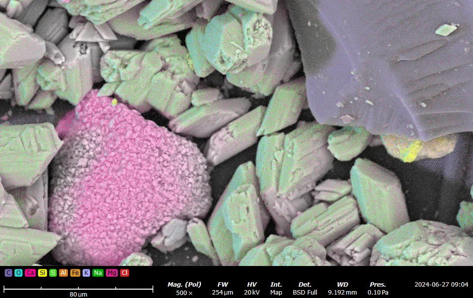 EDX false-color elemental map of mixed solid particles