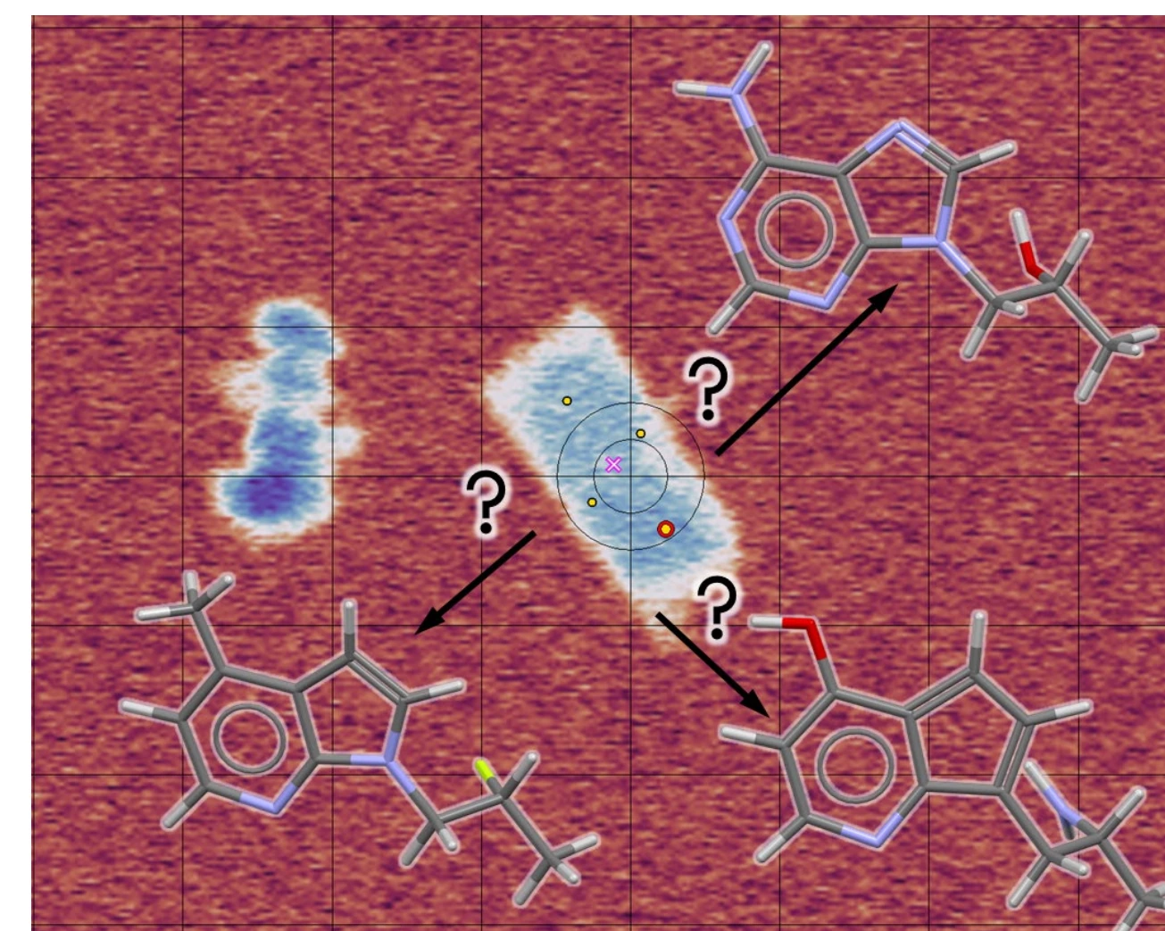 Electron microscope image with alternative molecular structures showing why HRMS supports atom assignment in MicroED impurity work